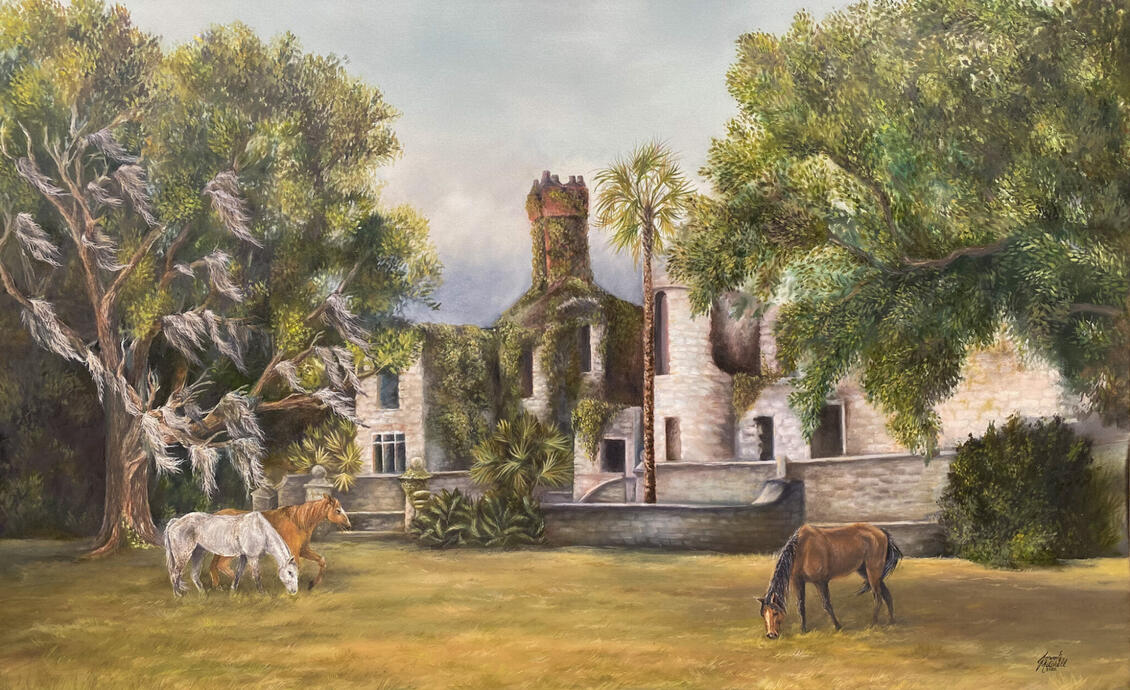 “Dungeness” Oil on canvas, 30 x 40" Spanish moss sways in the coastal breeze as wild horses graze before the weathered ruins of Dungeness. This painting captures the quiet strength of Cumberland Island—where history crumbles gracefully into the landscape,