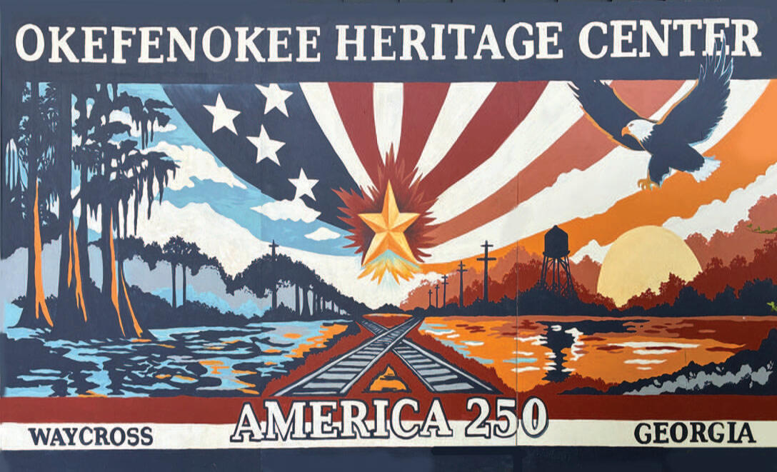 America 250th Community Mural. Designed and led by Jorah, more than 40 members of the community came to participate.
