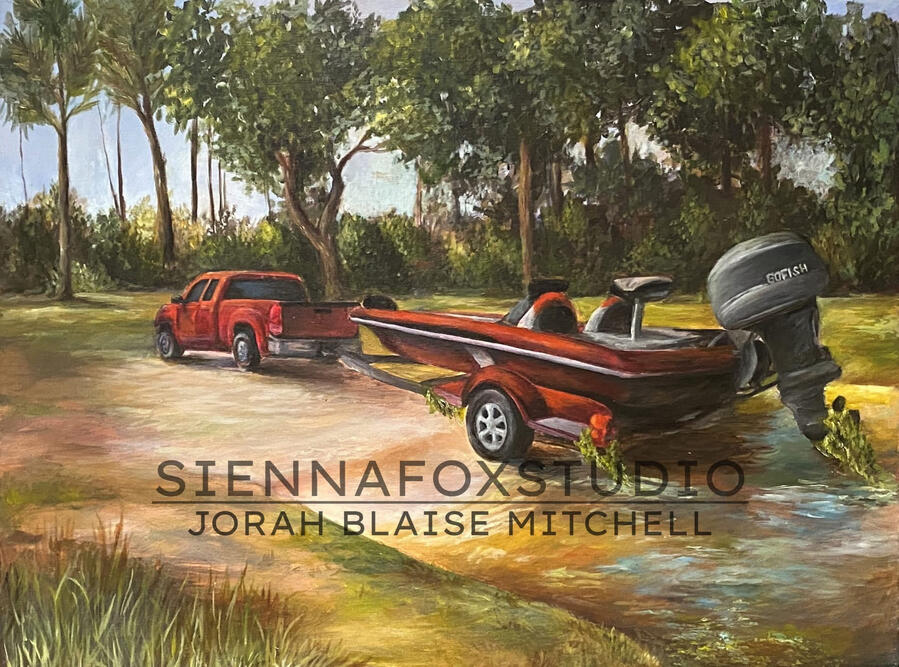 Invasive Aquatic Plants | 16x20 | oils | Created to illustrate how aquatic invasive species can move between bodies of water, this piece highlights how boats and equipment can unintentionally carry organisms from one waterway to another. It is now on perma