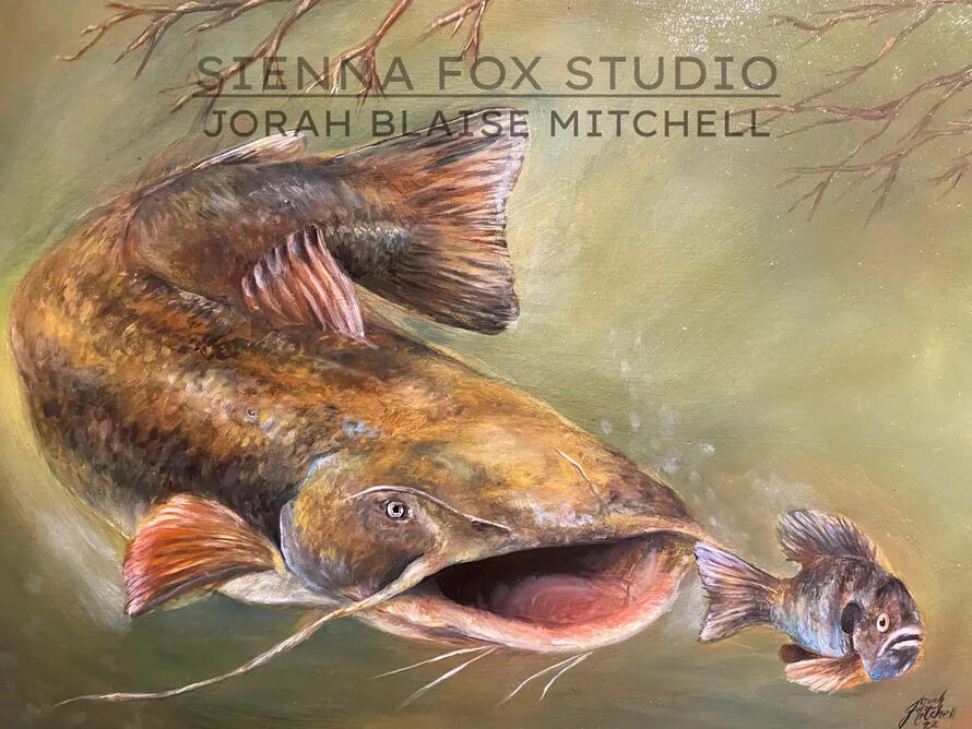Flathead Catfish | 16x20 | Oils | Created to raise awareness of the ecological effects of introduced flathead catfish in Georgia waters, this piece highlights the pressure invasive predators can place on native fish communities. It is now on permanent disp